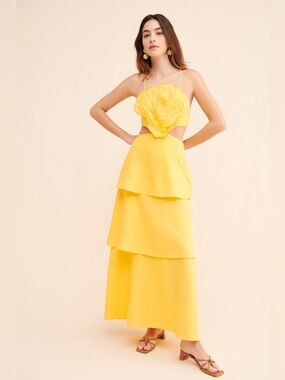 Farm Rio 3D Floral Tiered Midi Dress Yellow Cutout Linen Blend Womens XS EUC